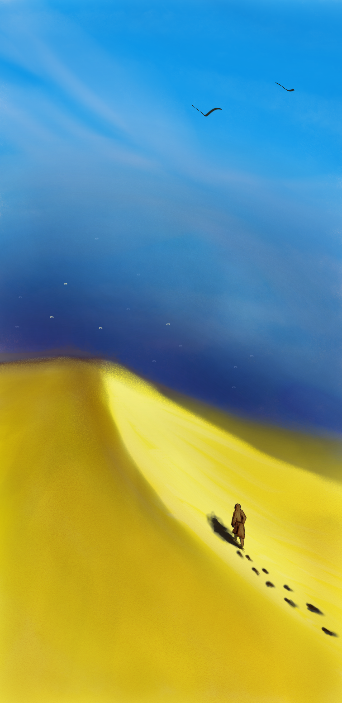 An artwork called 40 Days and 40 Nights: Jesus walking up a sand dune at the break of day. Some stars can still be seen in sky and the sunrise is lighting up his backside.