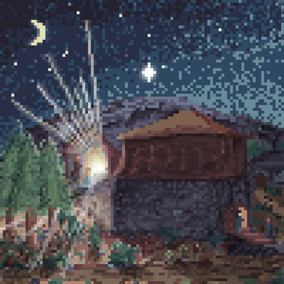 A pixelart called The birth of Jesus: Mary and Joseph are kneeling before the newborn king. A dazzling light is going out from the cave where the Saviour was born. The night sky is illumined by the guiding star. The cave is behind the inn where a person is seen waving somone away because there is no more space.