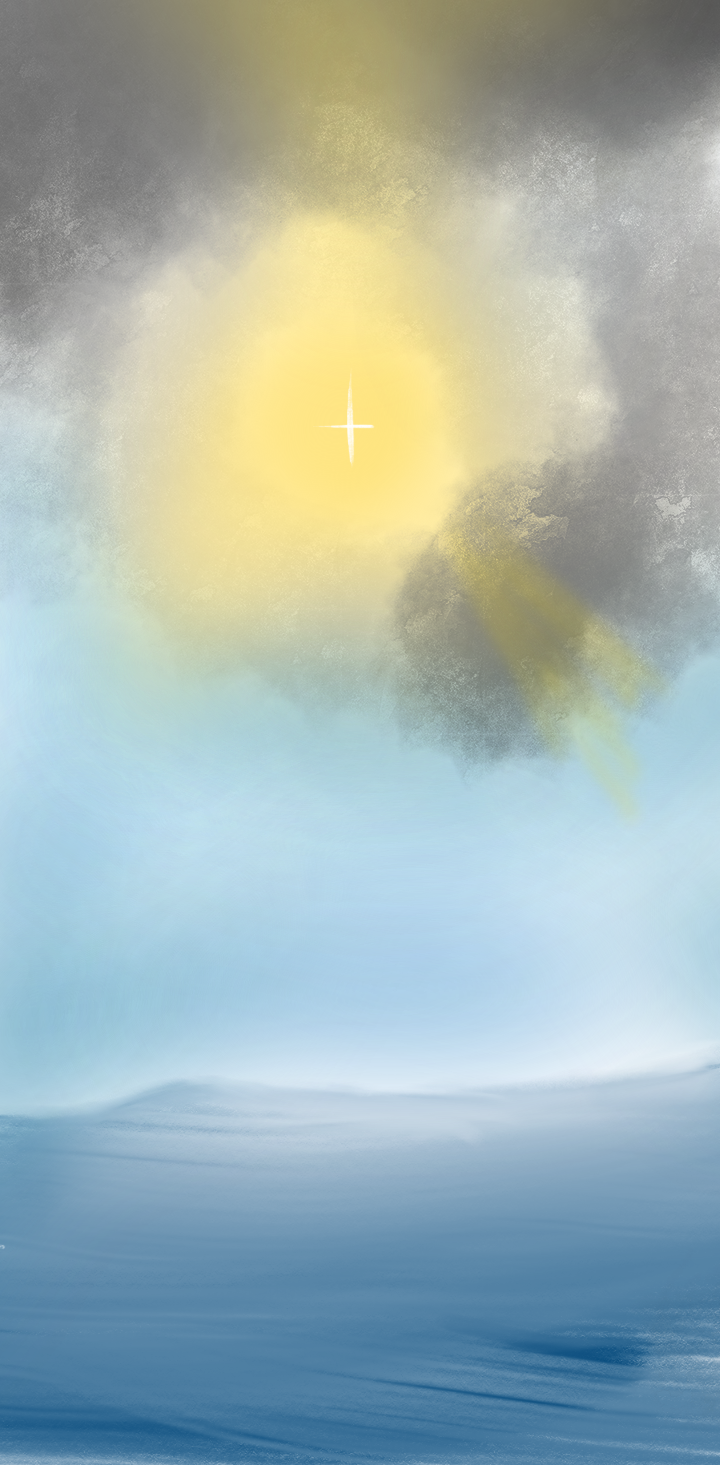 An artwork called He who calms the storms: Dark clouds disspating around a bright light with a Cross shining in the middle. The light is shining over waters and a tall wave can still be seen as the waters are calming down.
